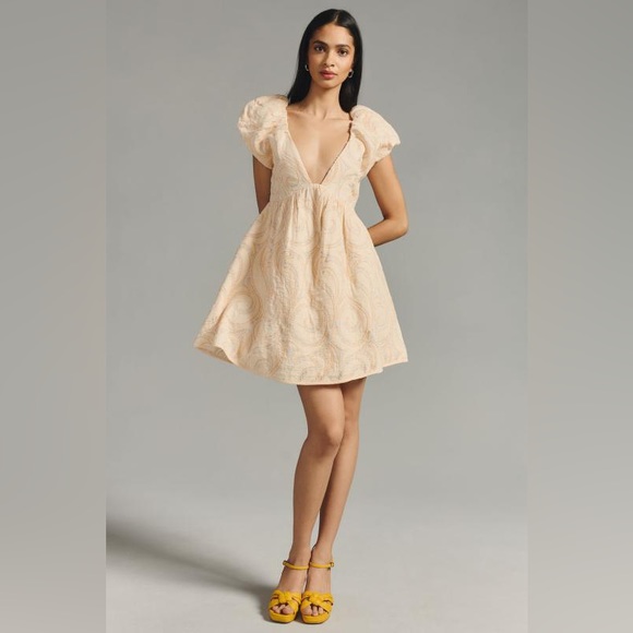 Anthropologie Dresses & Skirts - Anthropologie Deep-V Puff-Sleeve Dress in Peach NEW